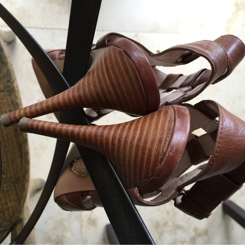 Ellie Tahari Brown Leather Peep Toe Sandals High Heels 9 1/2 - Picture 9 of 12